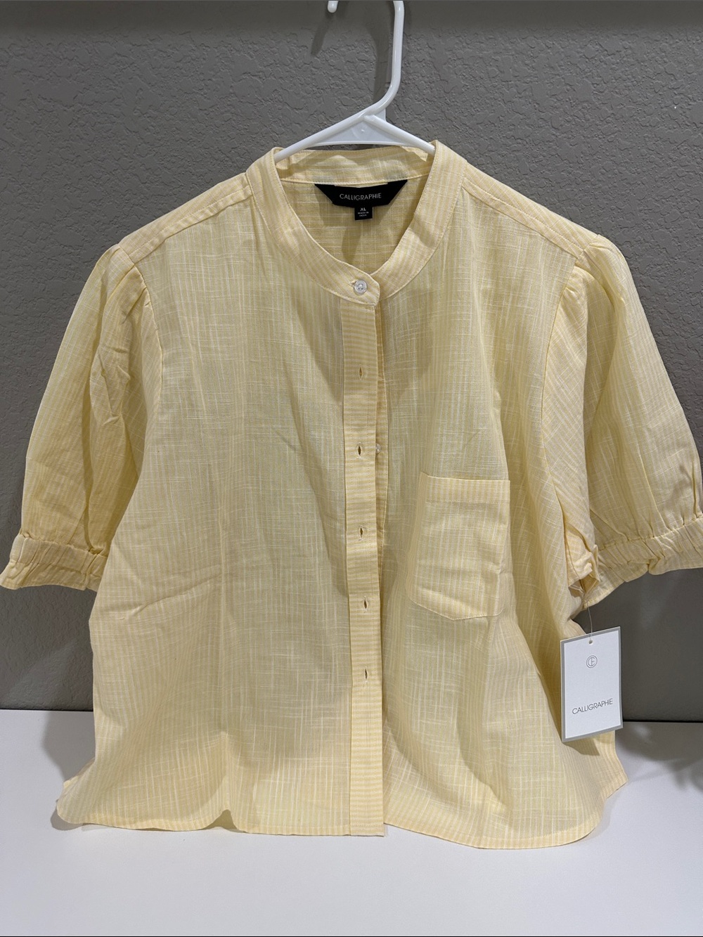 Arty Women's Pale Yellow Short-Sleeve Mandarin Button-Down Shirt -100% Cotton XL